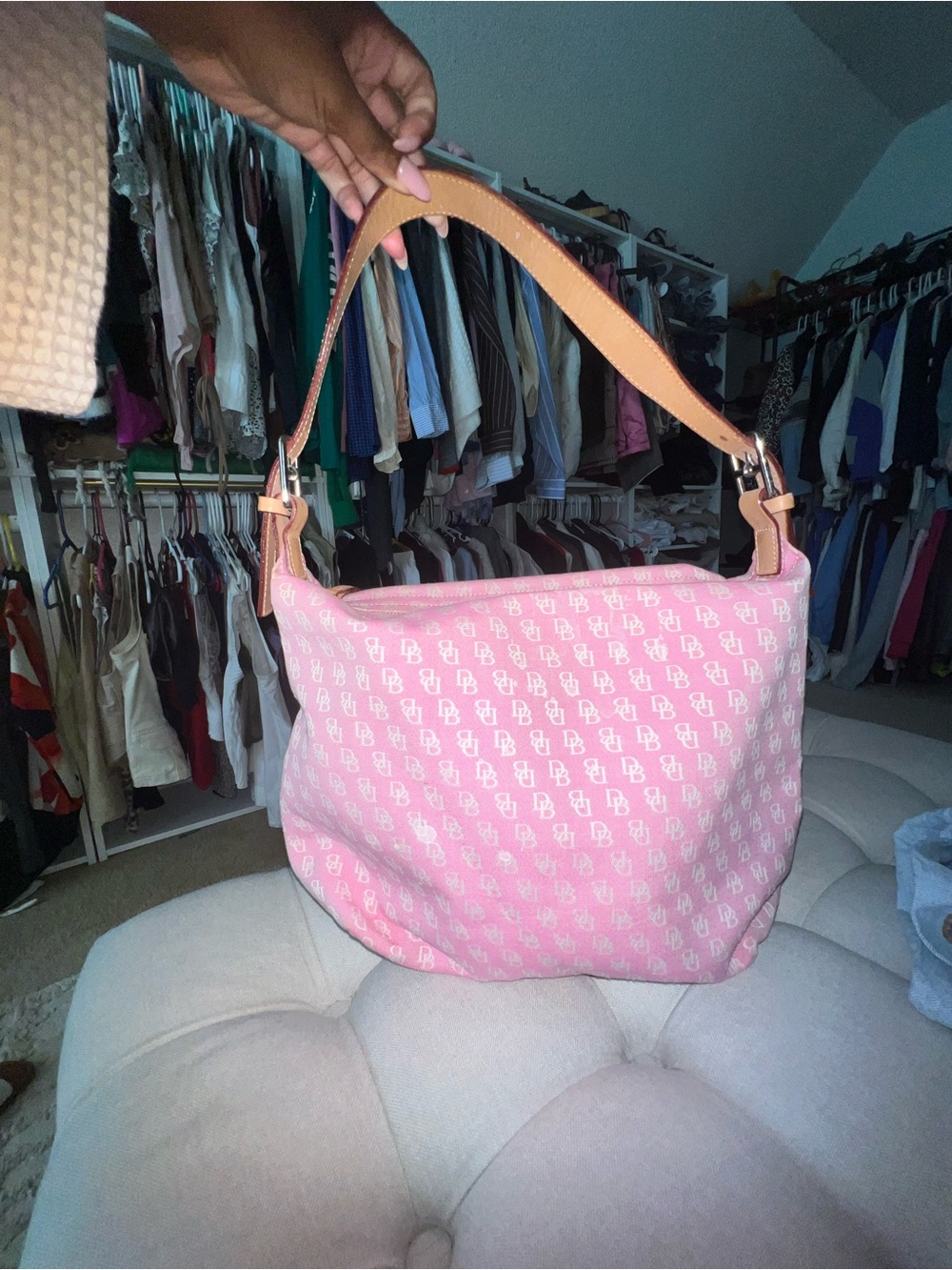 Dooney & Bourke Pink Monogram Hobo with Tan Leather Handle